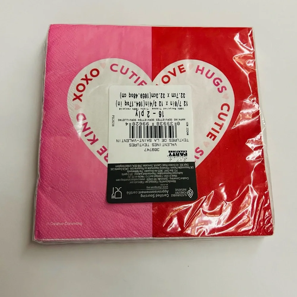 New 12 Valentine Textures Napkins Red Pink Heart 6 1/2